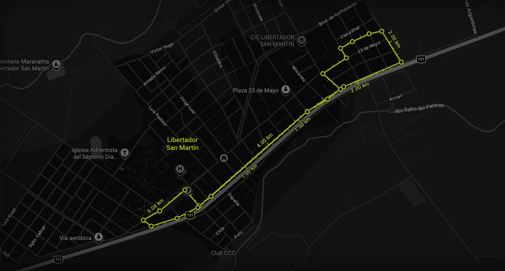 Mapa del recorrido de la Nocturna Fartlek 2026 en Libertador San Martín